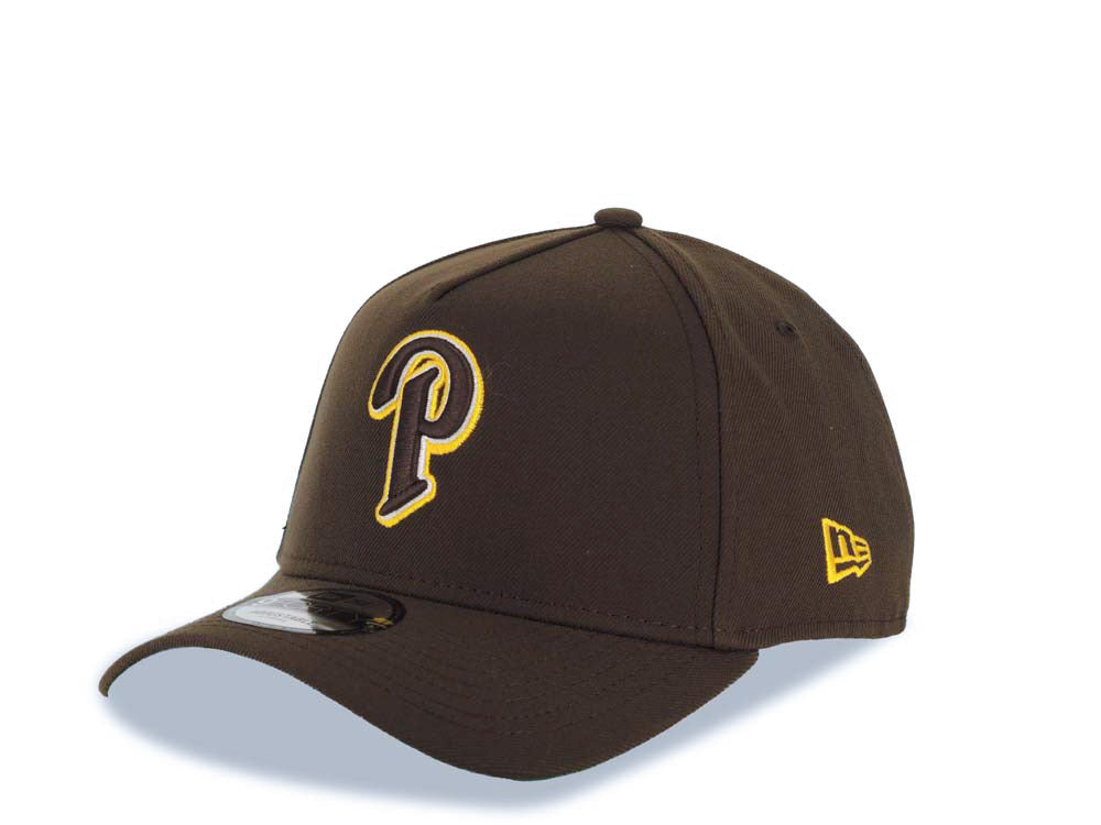 San Diego Padres New Era MLB 9FORTY 940 Adjustable A-Frame Cap Hat Brown Crown/Visor Brown/White/Yellow P Logo 1998 World Series Side Patch