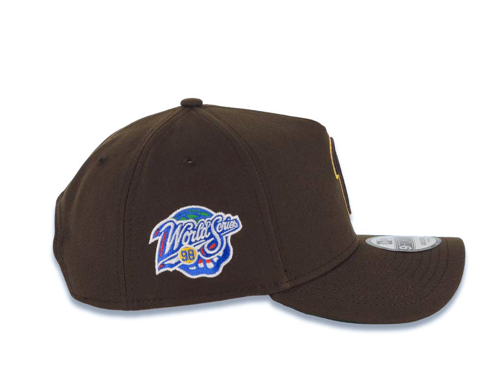 San Diego Padres New Era MLB 9FORTY 940 Adjustable A-Frame Cap Hat Brown Crown/Visor Brown/White/Yellow P Logo 1998 World Series Side Patch