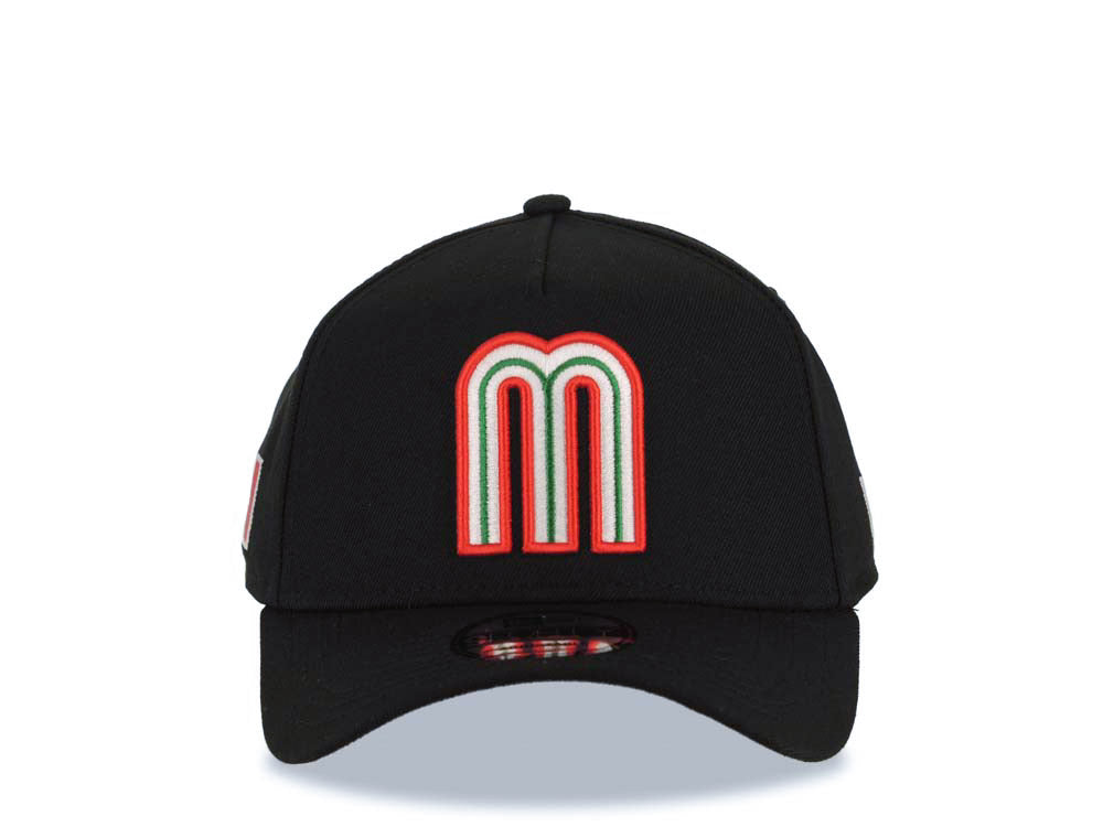 Mexico New Era WBC World Baseball Classic 9FORTY 940 Adjustable A-Frame Cap Hat Black Crown/Visor Team Color Logo Mexico Flag Side Patch Gray UV