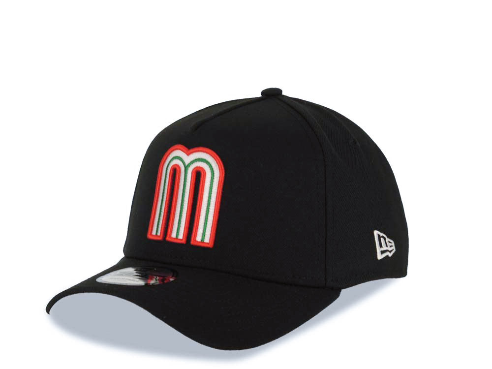 Mexico New Era WBC World Baseball Classic 9FORTY 940 Adjustable A-Frame Cap Hat Black Crown/Visor Team Color Logo Mexico Flag Side Patch Gray UV