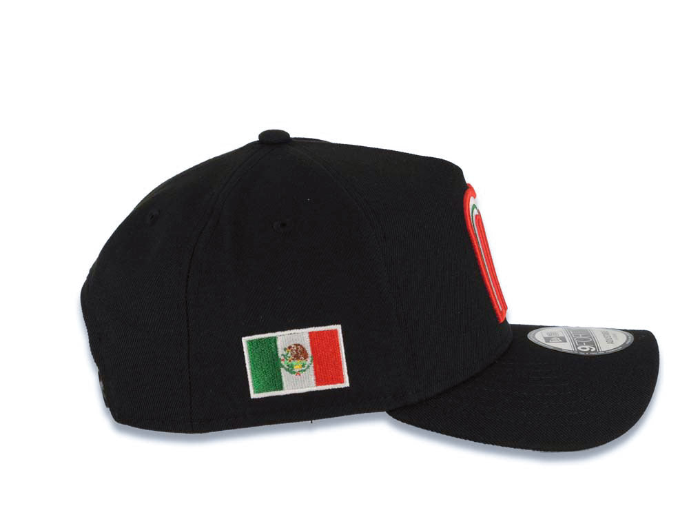 Mexico New Era WBC World Baseball Classic 9FORTY 940 Adjustable A-Frame Cap Hat Black Crown/Visor Team Color Logo Mexico Flag Side Patch Gray UV