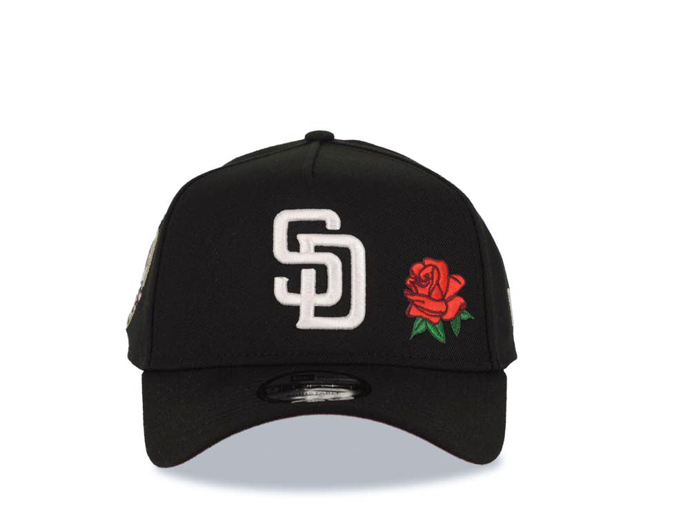 San Diego Padres New Era MLB 9FORTY 940 Adjustable A-Frame Cap Hat Black Crown/Visor White Logo With Rose 40th Anniversary Side Patch Red UV