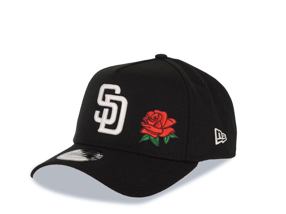 San Diego Padres New Era MLB 9FORTY 940 Adjustable A-Frame Cap Hat Black Crown/Visor White Logo With Rose 40th Anniversary Side Patch Red UV