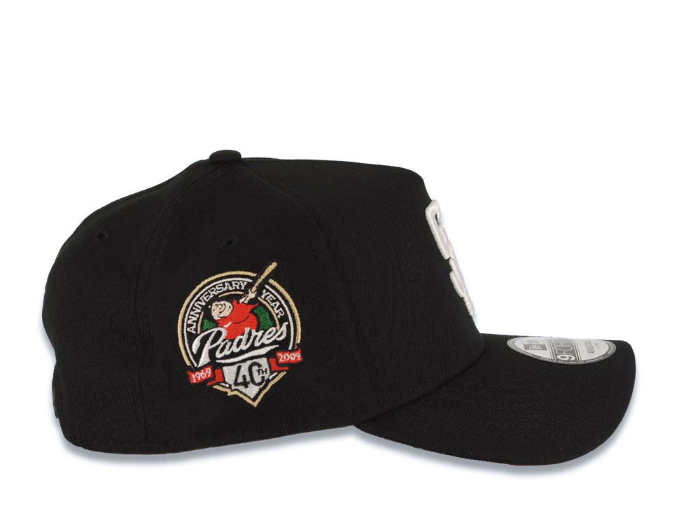 San Diego Padres New Era MLB 9FORTY 940 Adjustable A-Frame Cap Hat Black Crown/Visor White Logo With Rose 40th Anniversary Side Patch Red UV
