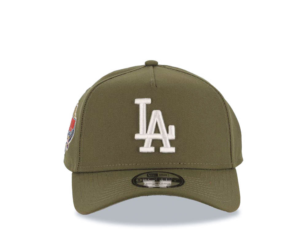 Los Angeles Dodgers New Era MLB 9FORTY 940 Adjustable A-Frame Cap Hat Olive Green Crown/Visor White Logo 40th Anniversary Side Patch Gray UV