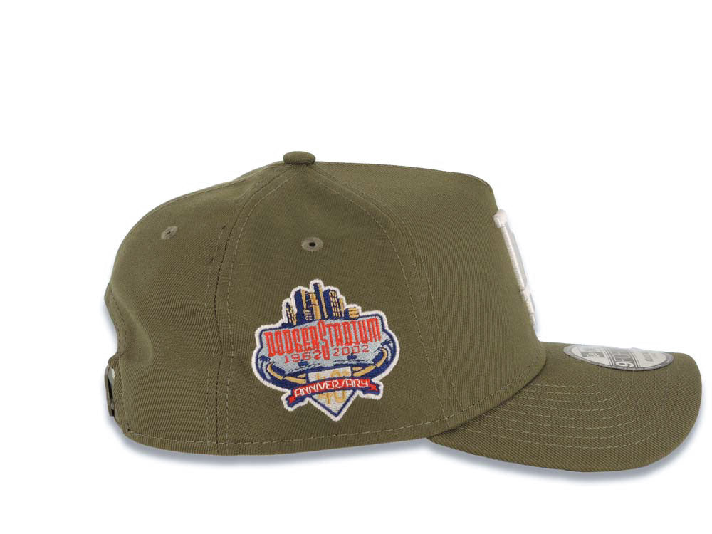 Los Angeles Dodgers New Era MLB 9FORTY 940 Adjustable A-Frame Cap Hat Olive Green Crown/Visor White Logo 40th Anniversary Side Patch Gray UV
