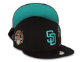 San Diego Padres New Era MLB 9FIFTY 950 Snapback Cap Hat Black Crown/Visor Teal/Metallic Brown Logo With Palm Trees 40th Anniversary Side Patch Teal UV