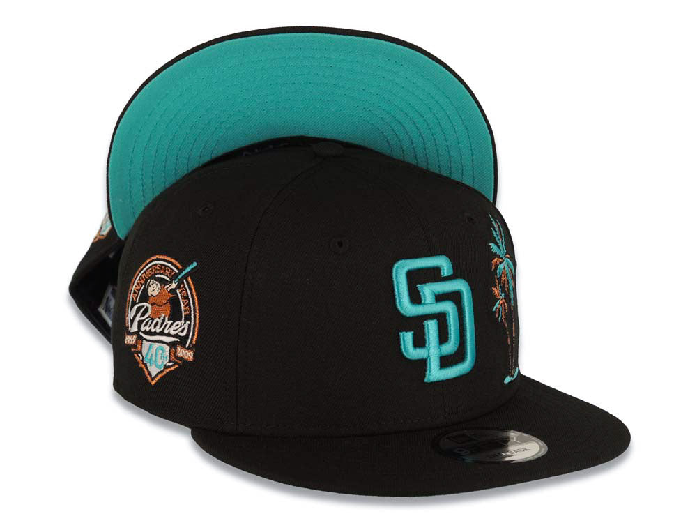 San Diego Padres New Era MLB 9FIFTY 950 Snapback Cap Hat Black Crown/Visor Teal/Metallic Brown Logo With Palm Trees 40th Anniversary Side Patch Teal UV