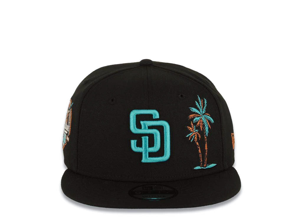 San Diego Padres New Era MLB 9FIFTY 950 Snapback Cap Hat Black Crown/Visor Teal/Metallic Brown Logo With Palm Trees 40th Anniversary Side Patch Teal UV