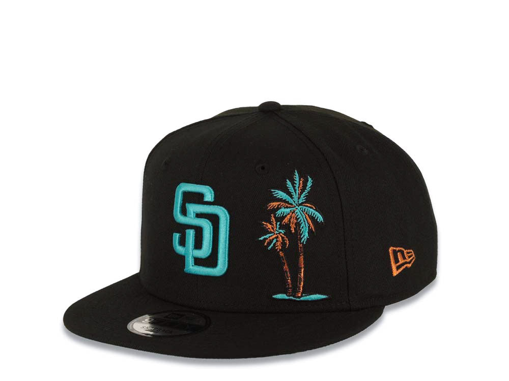 San Diego Padres New Era MLB 9FIFTY 950 Snapback Cap Hat Black Crown/Visor Teal/Metallic Brown Logo With Palm Trees 40th Anniversary Side Patch Teal UV