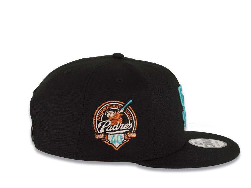 San Diego Padres New Era MLB 9FIFTY 950 Snapback Cap Hat Black Crown/Visor Teal/Metallic Brown Logo With Palm Trees 40th Anniversary Side Patch Teal UV