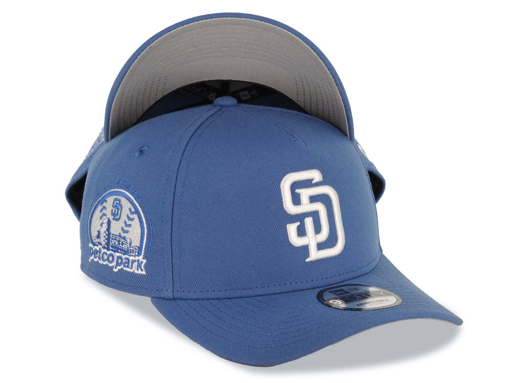 San Diego Padres New Era MLB 9FORTY 940 Adjustable A-Frame Cap Hat Blue Crown/Visor White Logo 10 Years Petco Park Side Patch