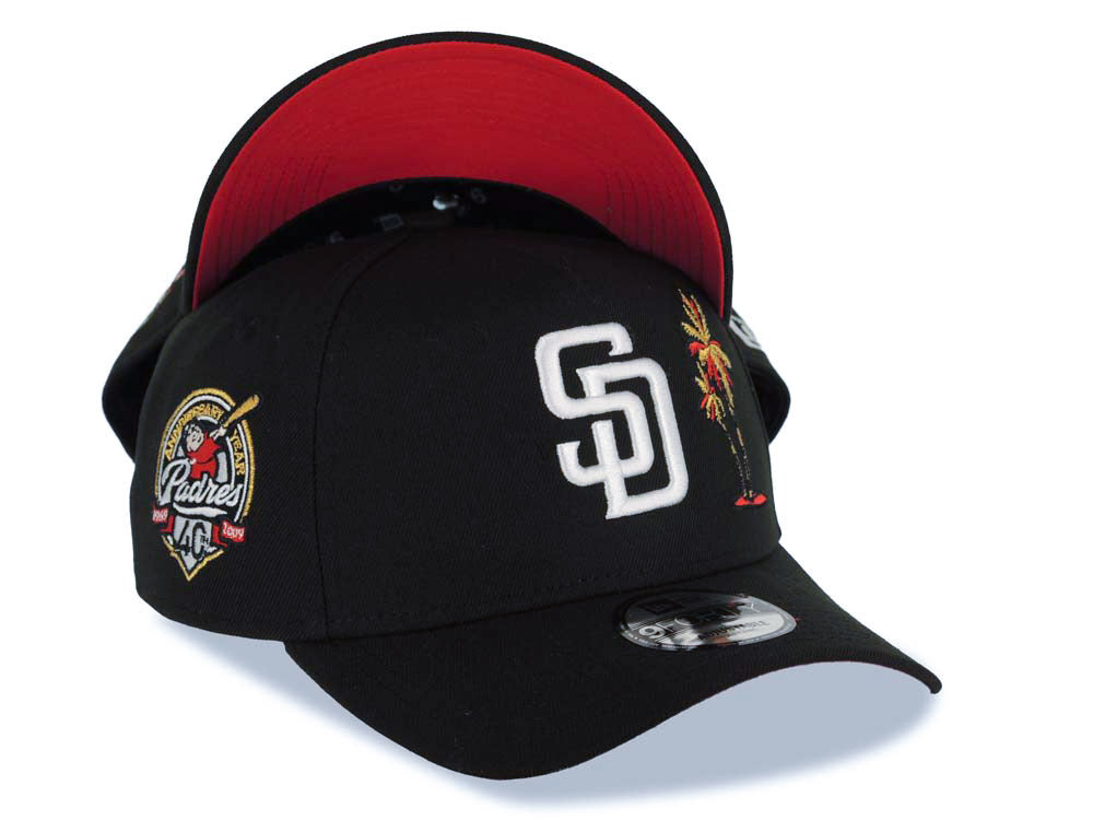 San Diego Padres New Era MLB 9FORTY 940 Adjustable A-Frame Cap Hat Black Crown/Visor White Logo With Palm Trees 40th Anniversary Side Patch