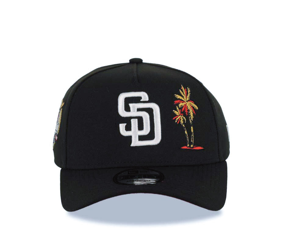 San Diego Padres New Era MLB 9FORTY 940 Adjustable A-Frame Cap Hat Black Crown/Visor White Logo With Palm Trees 40th Anniversary Side Patch