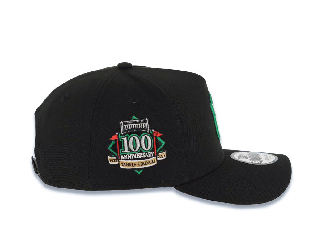 New York Yankees New Era MLB 9FORTY 940 Adjustable A-Frame Cap Hat Black Crown/Visor Green/White/Red Logo 100th Anniversary Stadium Side Patch