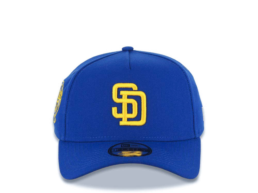 San Diego Padres New Era MLB 9FORTY 940 Adjustable A-Frame Cap Hat Royal Blue Crown/Visor Yellow Logo 25th Anniversary Side Patch Yellow UV