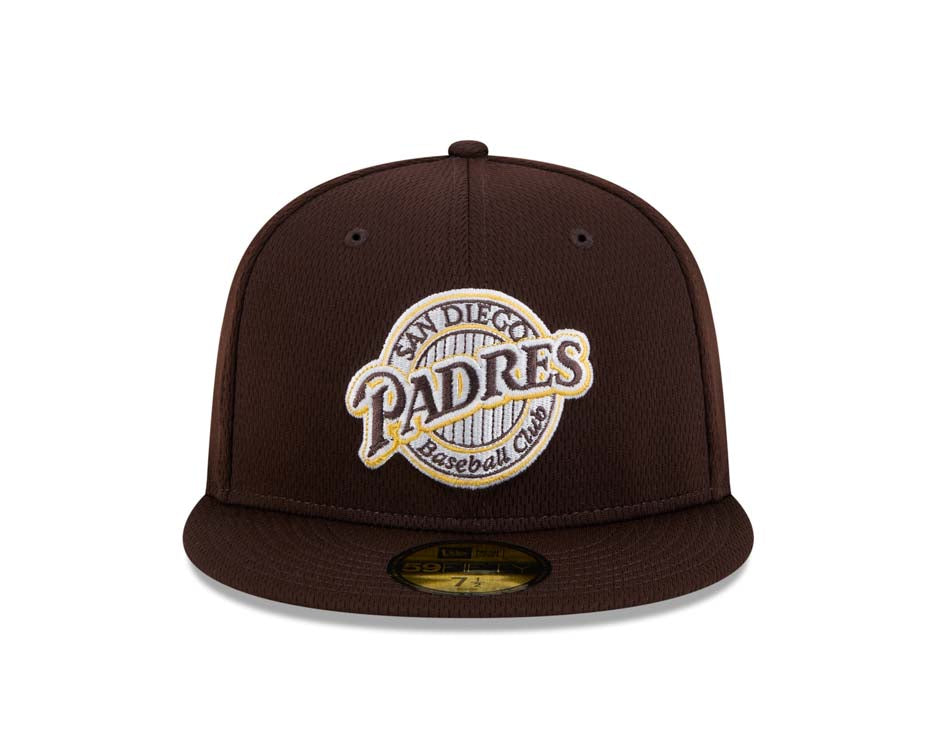 (Youth) San Diego Padres New Era MLB 59FIFTY 5950 Kid Fitted Cap Hat Brown Crown/Visor Brown/Yellow Baseball Club Logo (2025 Clubhouse)
