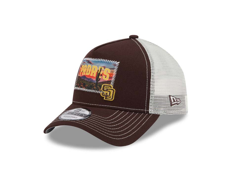 San Diego Padres New Era MLB 9FORTY 940 Adjustable A-Frame Mesh Trucker Cap Hat Brown Crown/Visor Yellow/Brown Patch with Small Logo