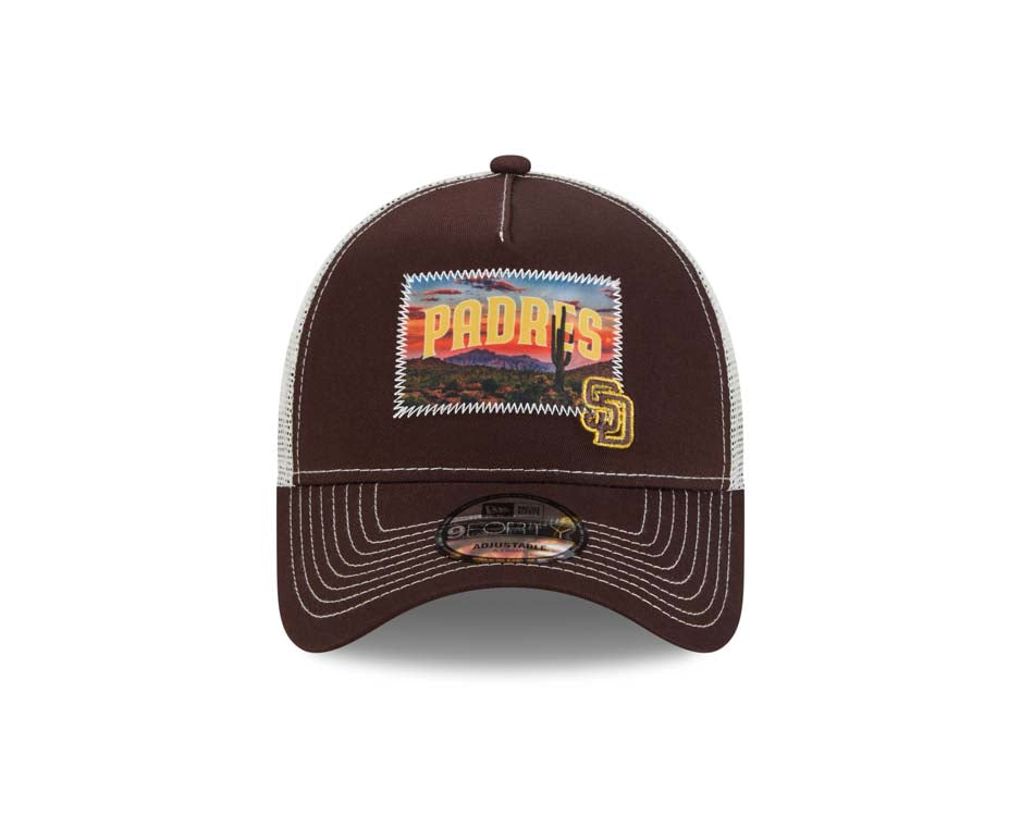San Diego Padres New Era MLB 9FORTY 940 Adjustable A-Frame Mesh Trucker Cap Hat Brown Crown/Visor Yellow/Brown Patch with Small Logo