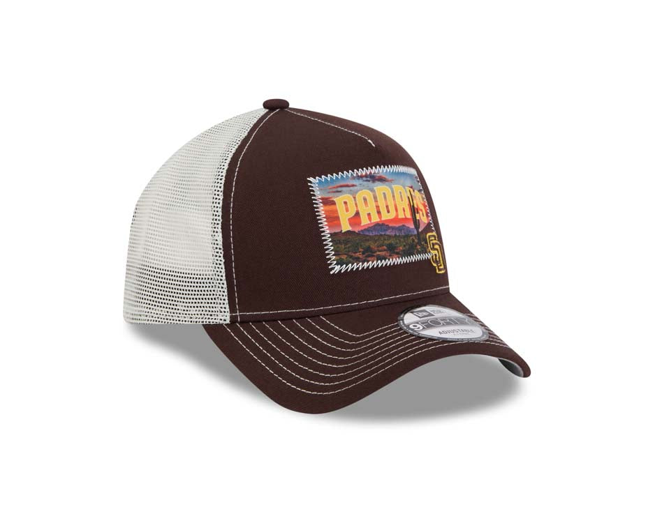 San Diego Padres New Era MLB 9FORTY 940 Adjustable A-Frame Mesh Trucker Cap Hat Brown Crown/Visor Yellow/Brown Patch with Small Logo