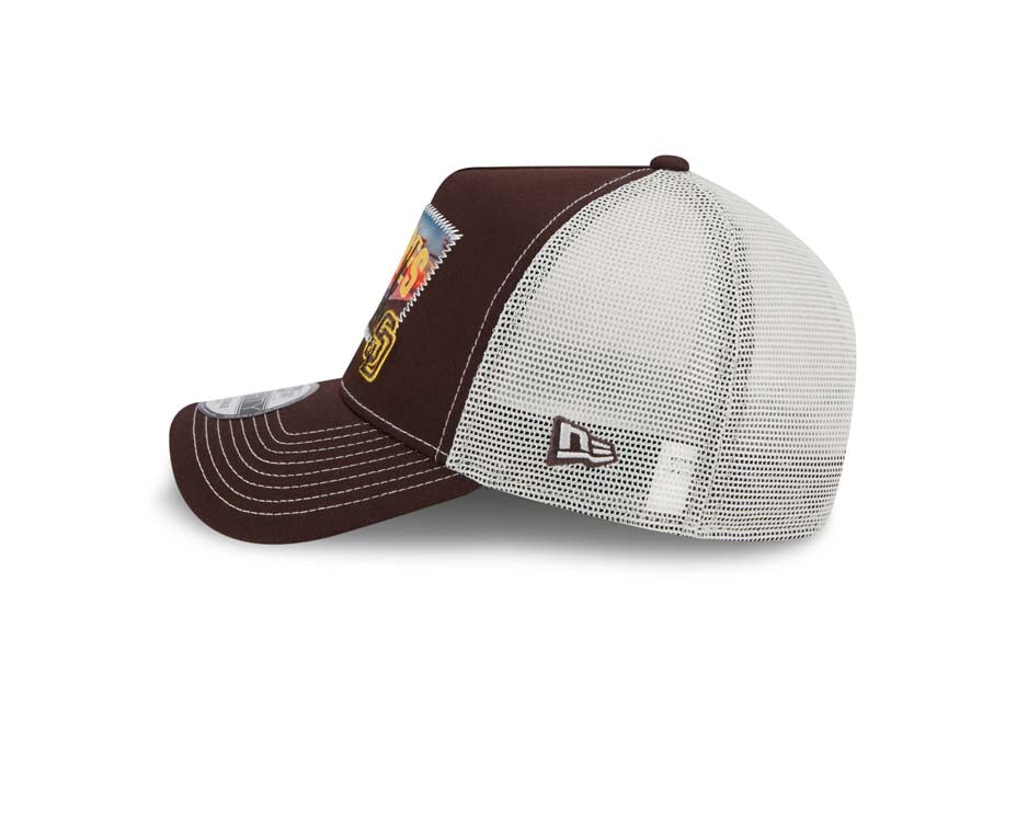 San Diego Padres New Era MLB 9FORTY 940 Adjustable A-Frame Mesh Trucker Cap Hat Brown Crown/Visor Yellow/Brown Patch with Small Logo