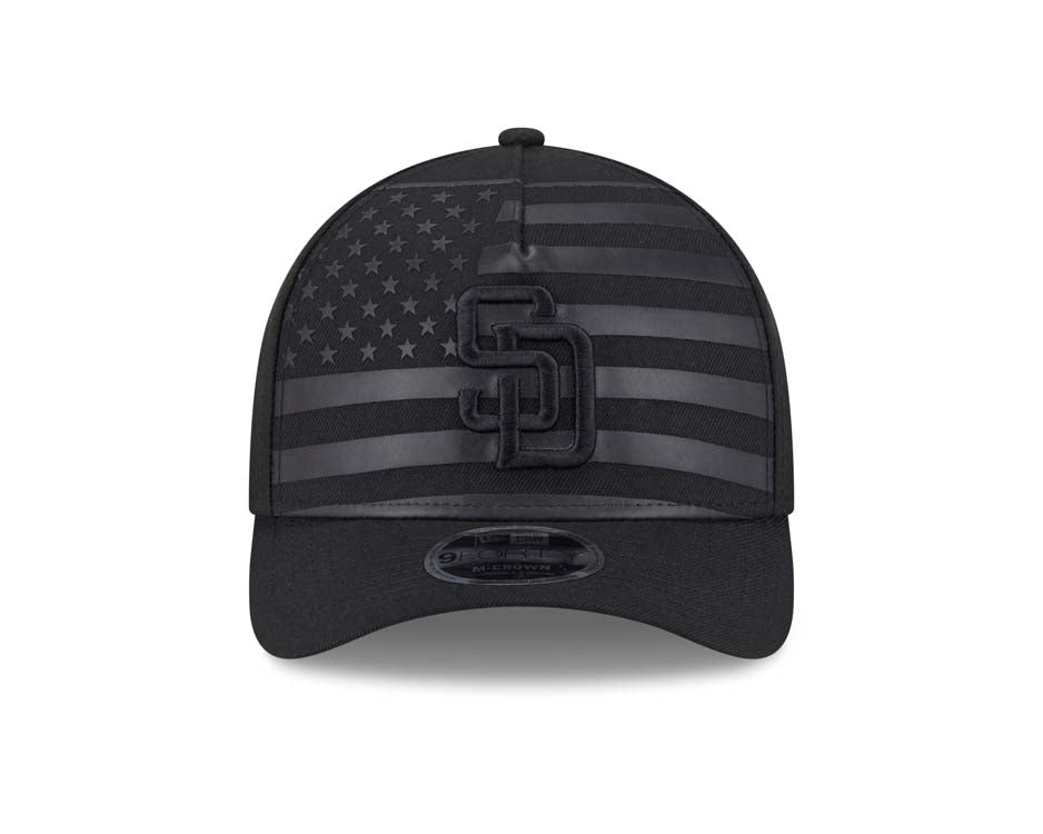 San Diego Padres New Era MLB 9FORTY 940 Adjustable A-Frame Cap Hat Black American Flag Crown/Visor Black Logo
