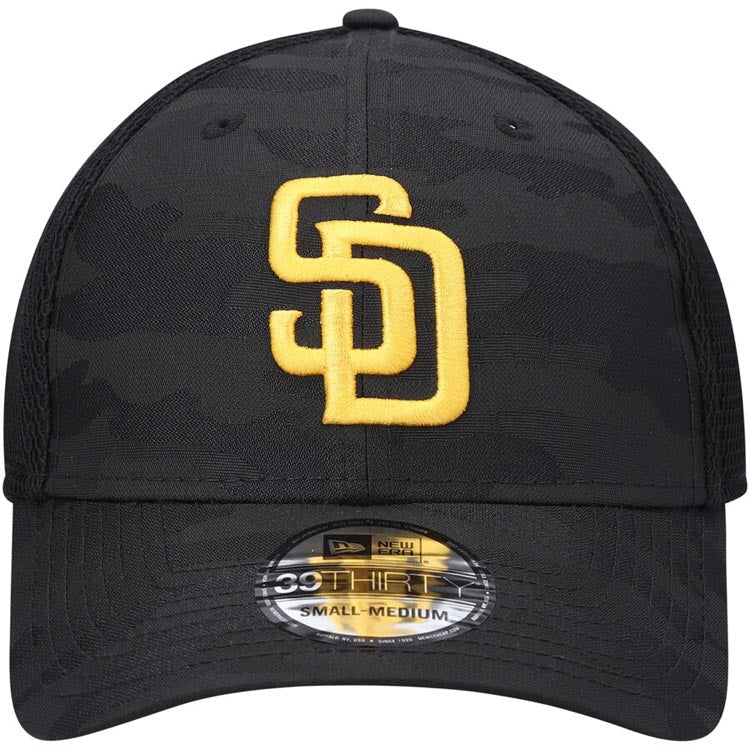 San Diego Padres New Era MLB 39THIRTY 3930 Flexfit Mesh Trucker Cap Hat Black Camo Crown/Visor Yellow Logo