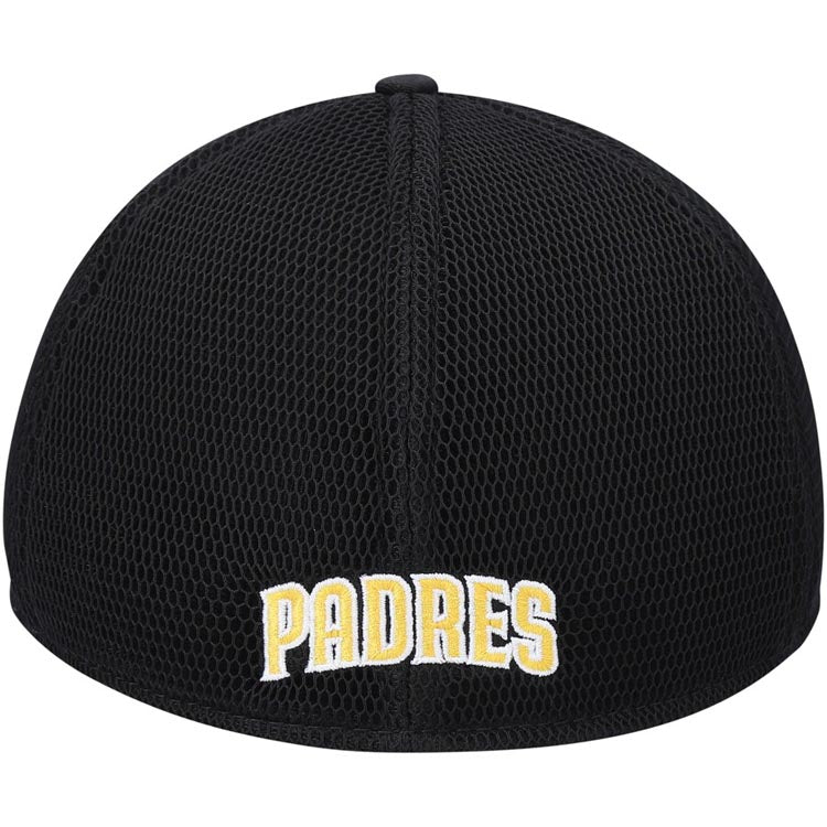 San Diego Padres New Era MLB 39THIRTY 3930 Flexfit Mesh Trucker Cap Hat Black Camo Crown/Visor Yellow Logo