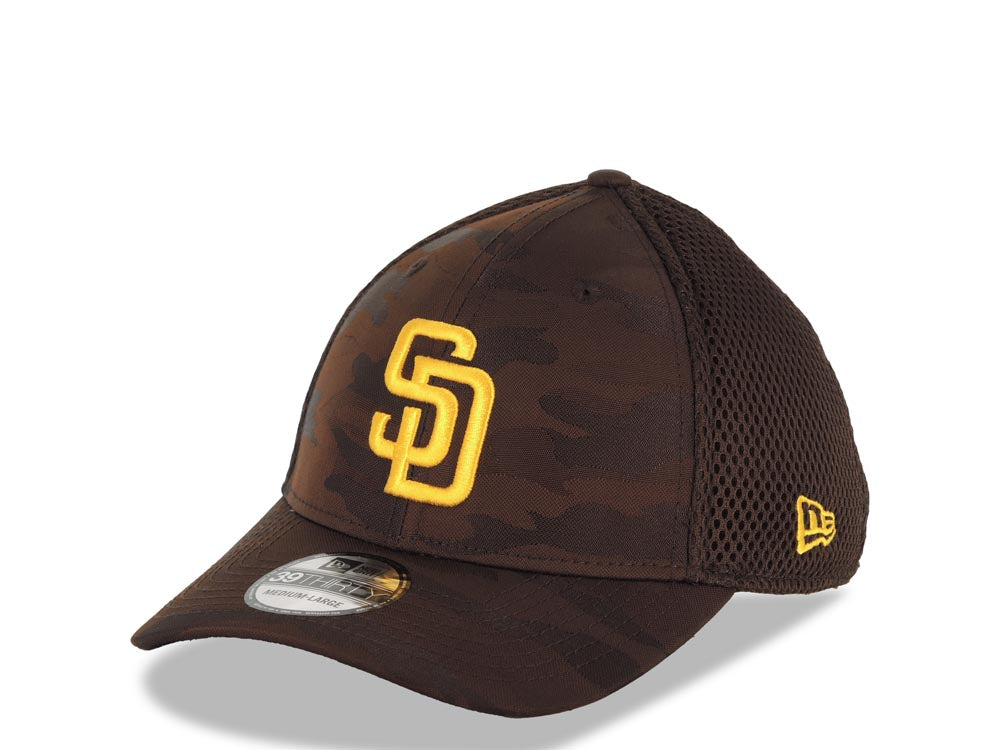 San Diego Padres New Era MLB 39THIRTY 3930 Flexfit Mesh Trucker Cap Hat Brown Camo Crown/Visor Yellow Logo