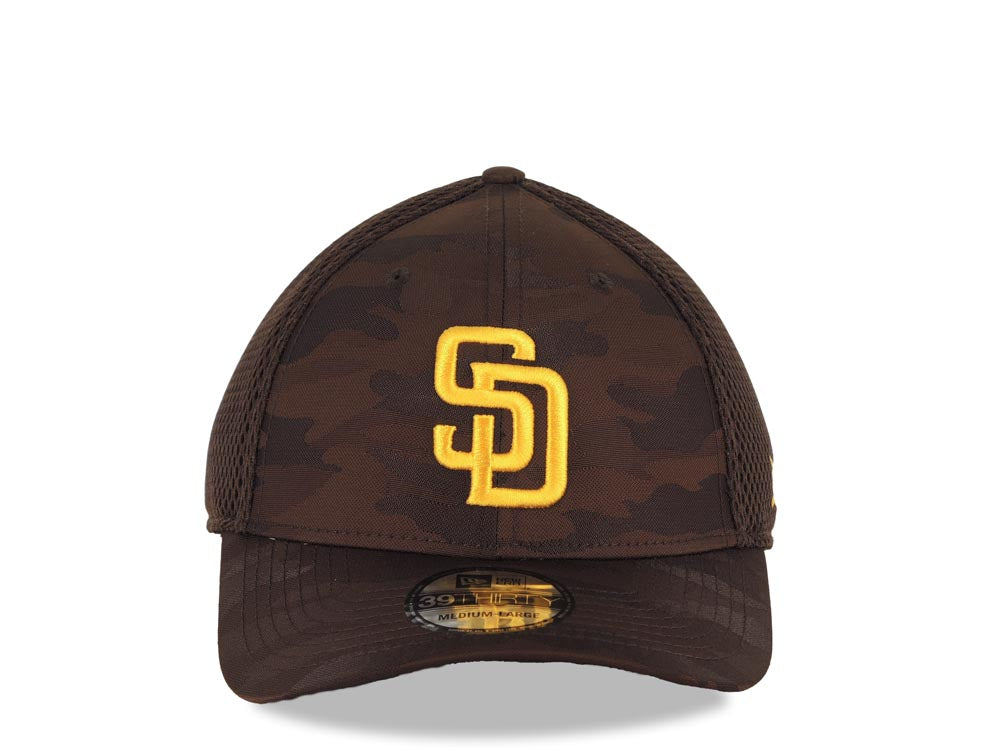 San Diego Padres New Era MLB 39THIRTY 3930 Flexfit Mesh Trucker Cap Hat Brown Camo Crown/Visor Yellow Logo