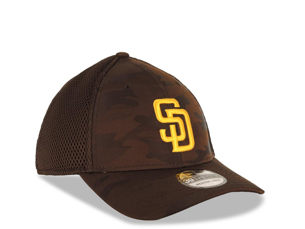 San Diego Padres New Era MLB 39THIRTY 3930 Flexfit Mesh Trucker Cap Hat Brown Camo Crown/Visor Yellow Logo