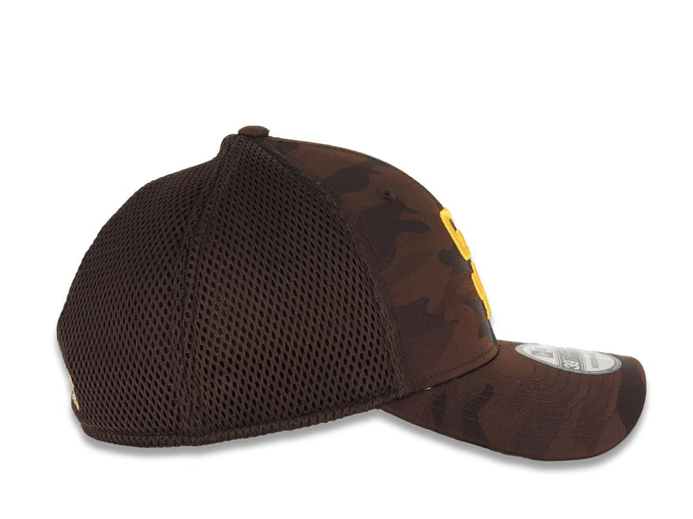 San Diego Padres New Era MLB 39THIRTY 3930 Flexfit Mesh Trucker Cap Hat Brown Camo Crown/Visor Yellow Logo