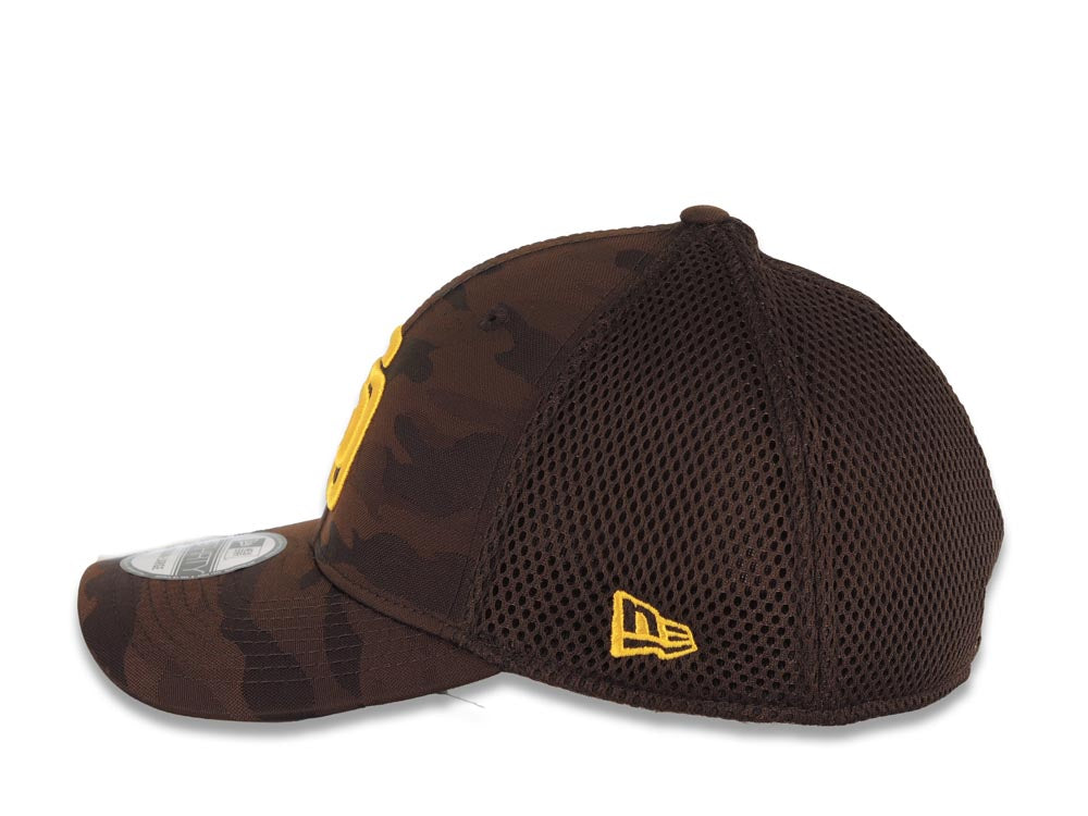 San Diego Padres New Era MLB 39THIRTY 3930 Flexfit Mesh Trucker Cap Hat Brown Camo Crown/Visor Yellow Logo