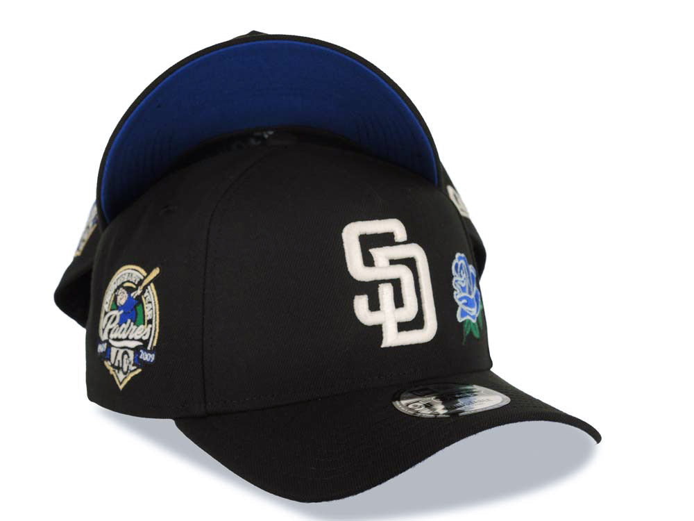 San Diego Padres New Era MLB 9FORTY 940 Adjustable A-Frame Cap Hat Black Crown/Visor White Logo With Rose 40th Anniversary Side Patch Royal Blue UV