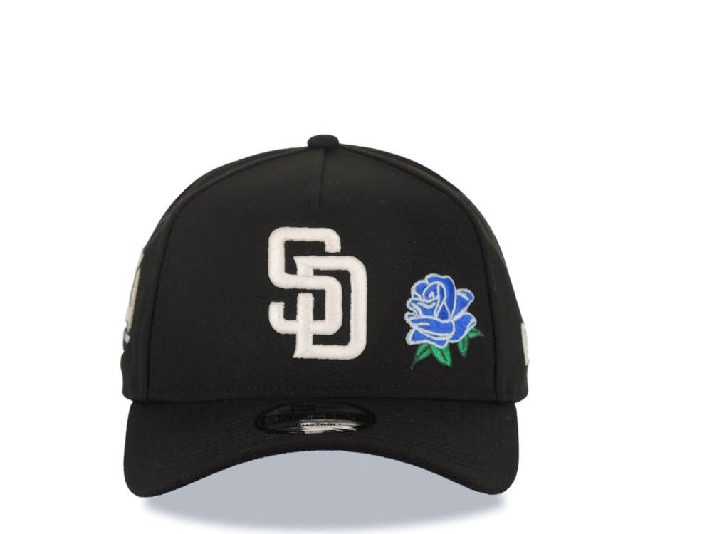 San Diego Padres New Era MLB 9FORTY 940 Adjustable A-Frame Cap Hat Black Crown/Visor White Logo With Rose 40th Anniversary Side Patch Royal Blue UV