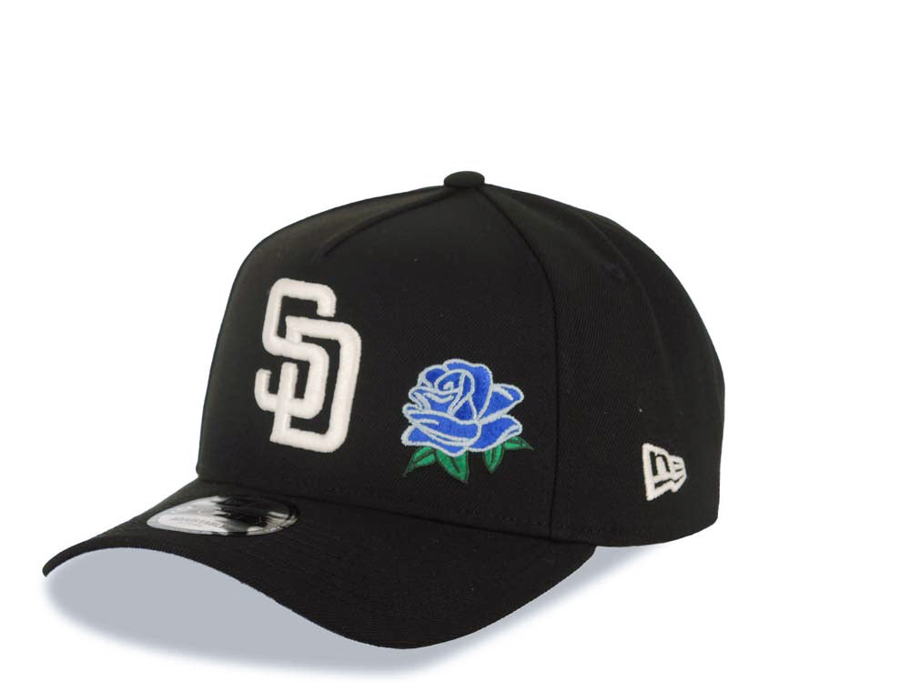 San Diego Padres New Era MLB 9FORTY 940 Adjustable A-Frame Cap Hat Black Crown/Visor White Logo With Rose 40th Anniversary Side Patch Royal Blue UV