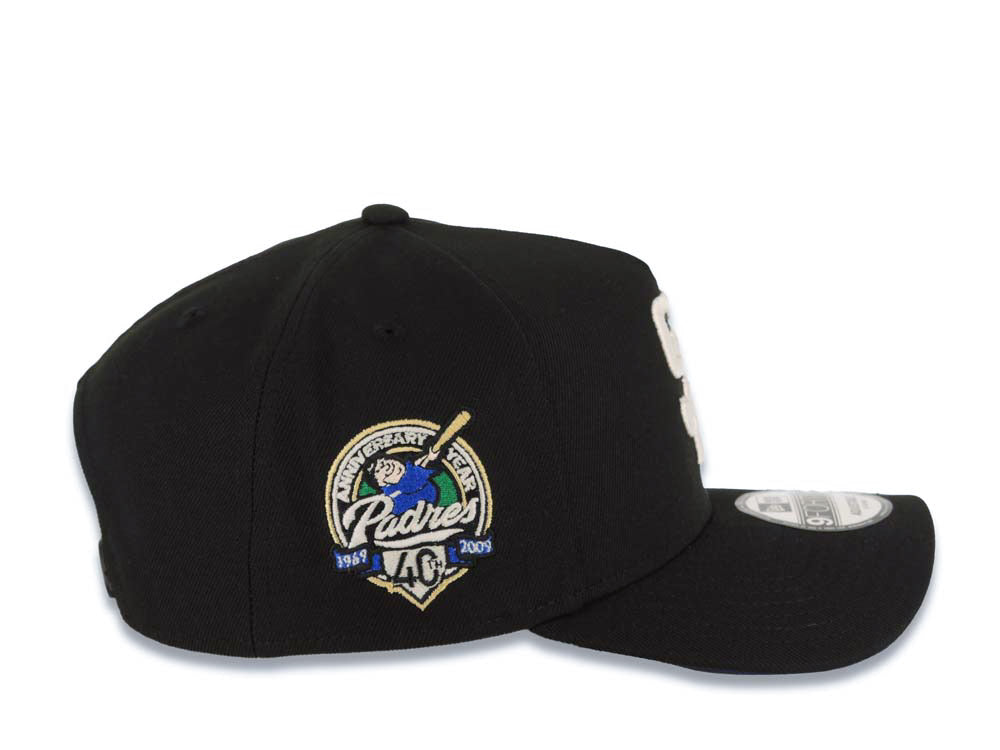 San Diego Padres New Era MLB 9FORTY 940 Adjustable A-Frame Cap Hat Black Crown/Visor White Logo With Rose 40th Anniversary Side Patch Royal Blue UV