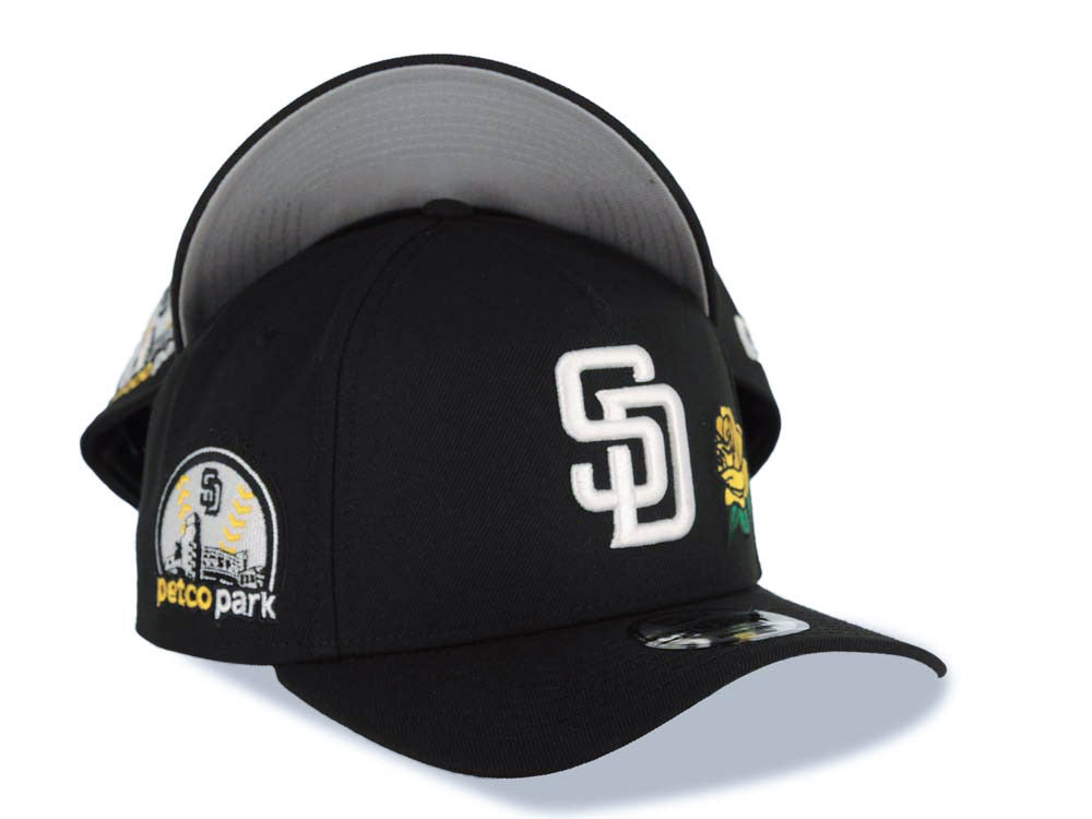 San Diego Padres New Era MLB 9FORTY 940 Adjustable A-Frame Cap Hat Black Crown/Visor White Logo With Yellow Rose 10th Anniversary Petco Park Side Patch