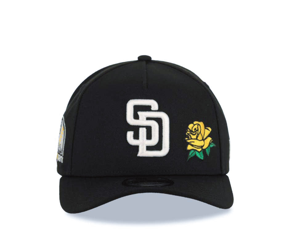 San Diego Padres New Era MLB 9FORTY 940 Adjustable A-Frame Cap Hat Black Crown/Visor White Logo With Yellow Rose 10th Anniversary Petco Park Side Patch