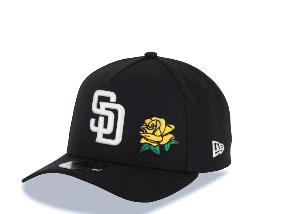 San Diego Padres New Era MLB 9FORTY 940 Adjustable A-Frame Cap Hat Black Crown/Visor White Logo With Yellow Rose 10th Anniversary Petco Park Side Patch