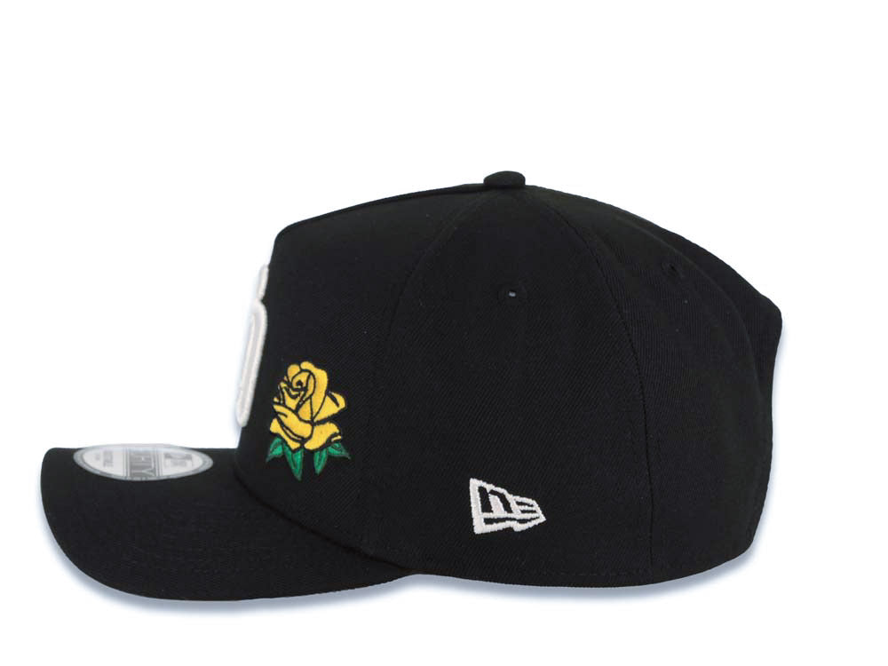 San Diego Padres New Era MLB 9FORTY 940 Adjustable A-Frame Cap Hat Black Crown/Visor White Logo With Yellow Rose 10th Anniversary Petco Park Side Patch