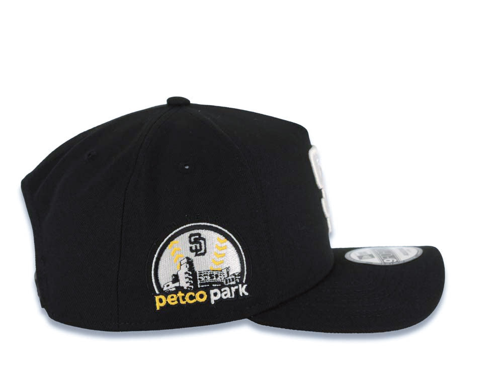 San Diego Padres New Era MLB 9FORTY 940 Adjustable A-Frame Cap Hat Black Crown/Visor White Logo With Yellow Rose 10th Anniversary Petco Park Side Patch