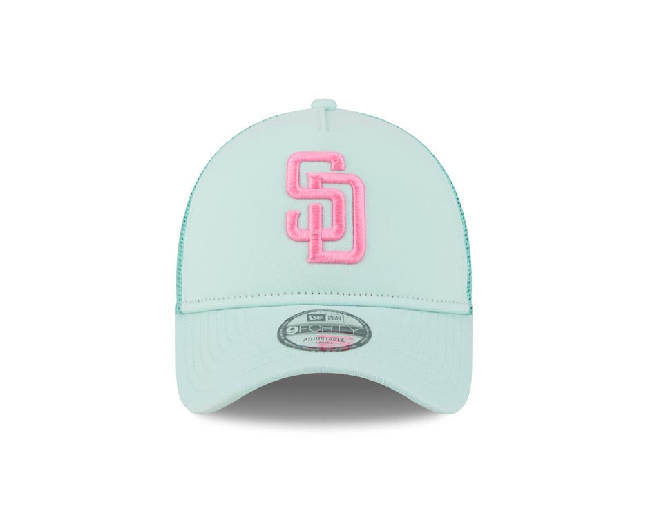 San Diego Padres New Era MLB 9FORTY 940 Adjustable A-Frame Mesh/Trucker Cap Hat Light Teal Crown/Visor Magenta Logo (2022 City Connect)