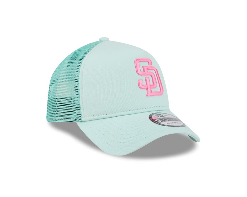 San Diego Padres New Era MLB 9FORTY 940 Adjustable A-Frame Mesh/Trucker Cap Hat Light Teal Crown/Visor Magenta Logo (2022 City Connect)