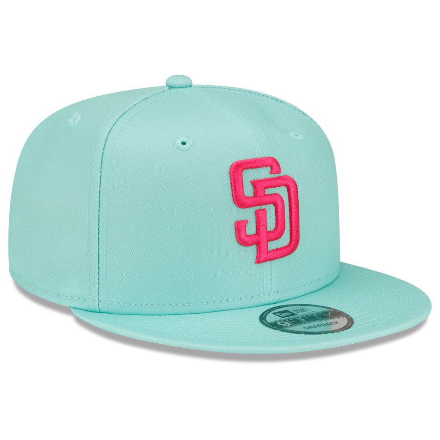 (Youth) San Diego Padres New Era MLB 9FIFTY 950 Kid Snapback Cap Hat Light Teal Crown/Visor Magenta Logo (2022 City Connect)