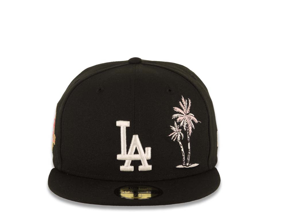 Los Angeles Dodgers New Era MLB 59FIFTY 5950 Fitted Cap Hat Black Crown/Visor White Logo With Pink Palm 50th Anniversary Side Patch Gray UV