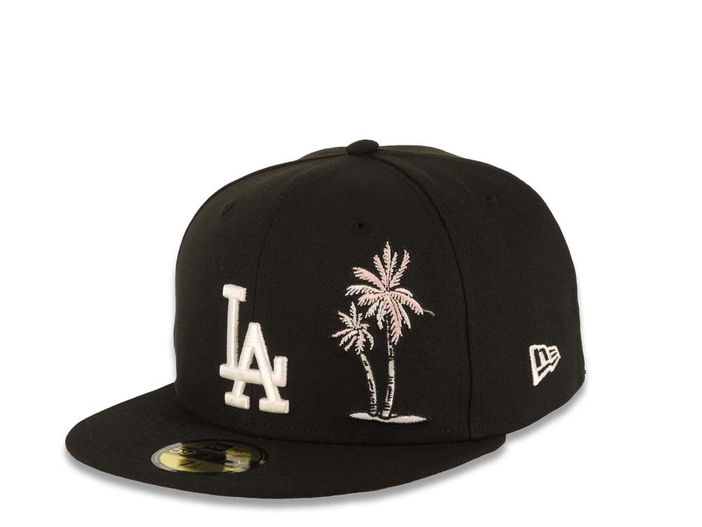 Los Angeles Dodgers New Era MLB 59FIFTY 5950 Fitted Cap Hat Black Crown/Visor White Logo With Pink Palm 50th Anniversary Side Patch Gray UV