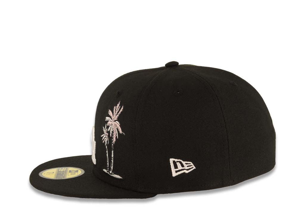 Los Angeles Dodgers New Era MLB 59FIFTY 5950 Fitted Cap Hat Black Crown/Visor White Logo With Pink Palm 50th Anniversary Side Patch Gray UV