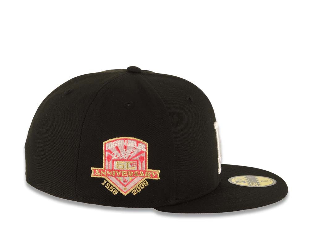 Los Angeles Dodgers New Era MLB 59FIFTY 5950 Fitted Cap Hat Black Crown/Visor White Logo With Pink Palm 50th Anniversary Side Patch Gray UV