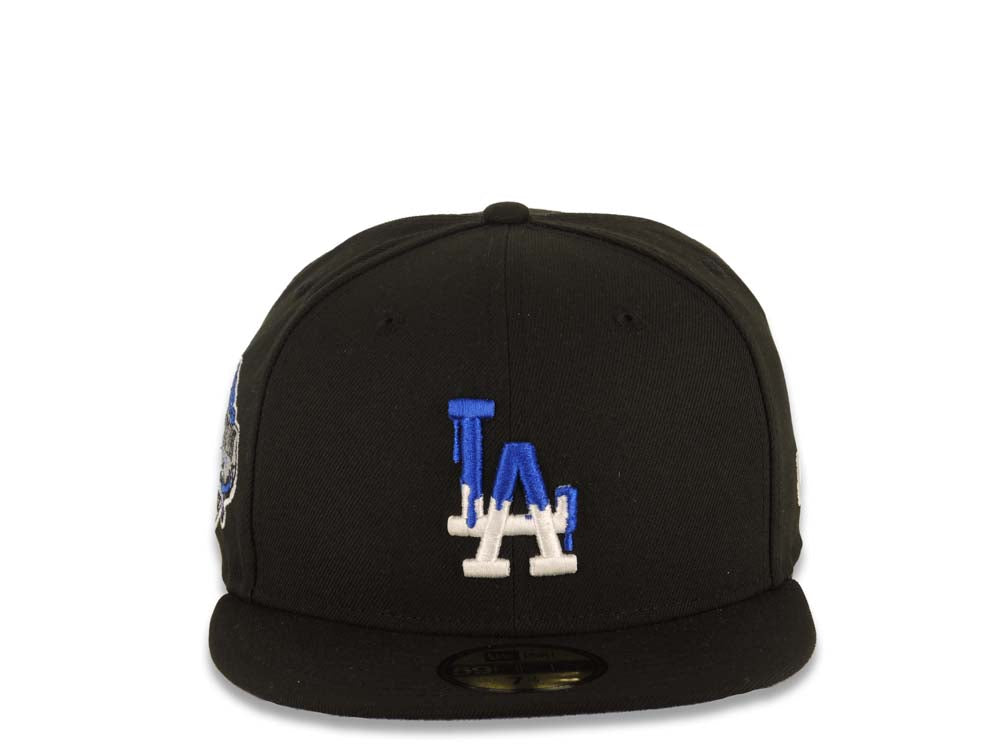 Los Angeles Dodgers New Era MLB 59FIFTY 5950 Fitted Cap Hat Black Crown/Visor White/Royal Blue Drip Logo 40th Anniversary Stadium Side Patch